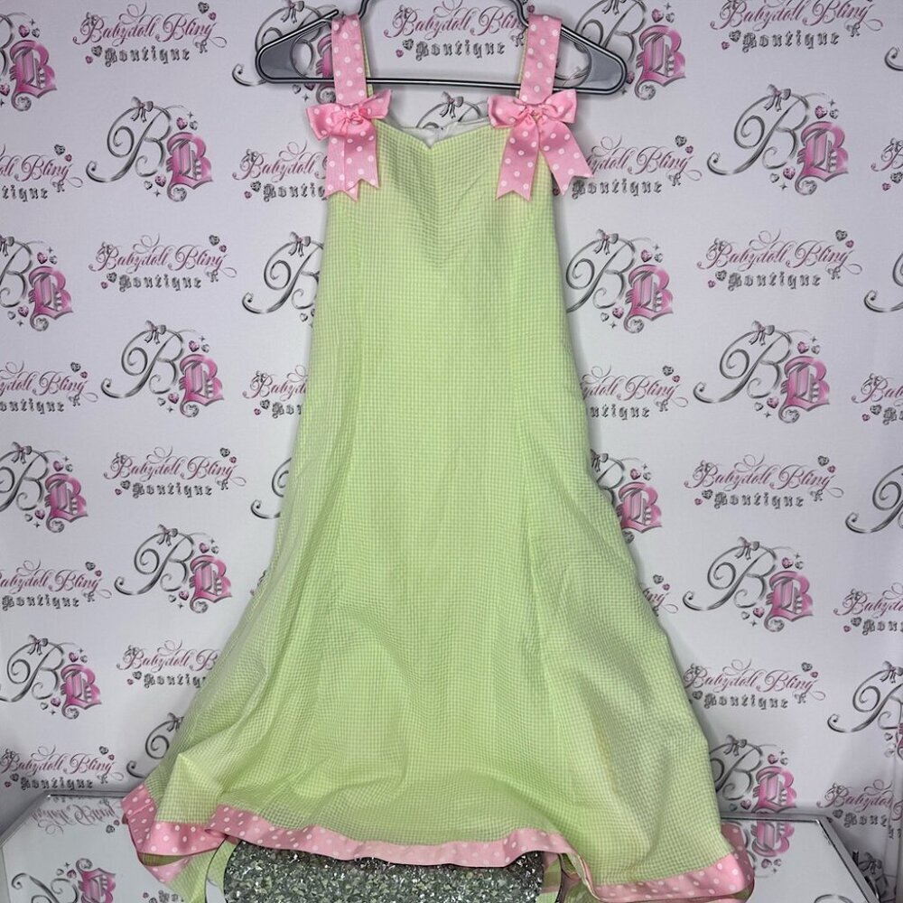Bonnie Jean dress gingham lime green pink bow ribbon 🎀 accents tie up belted